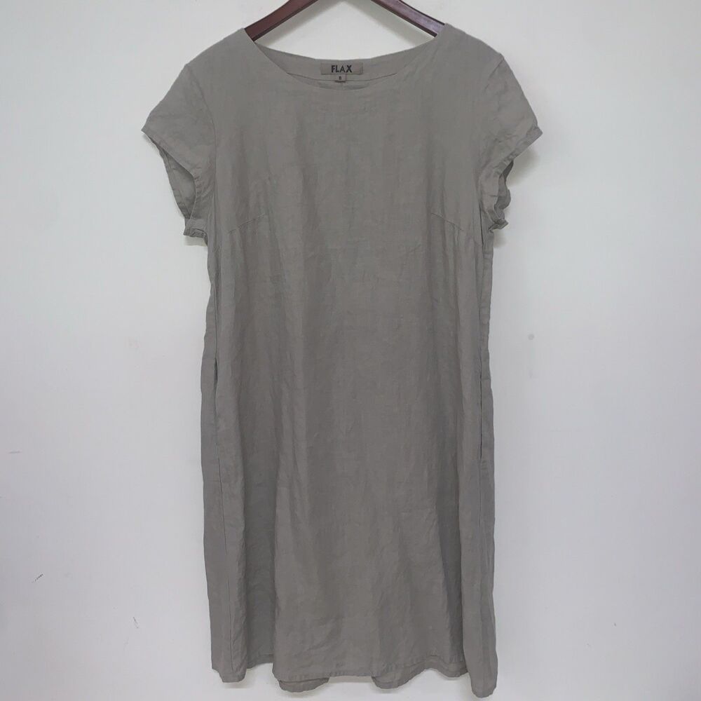 FLAX Beige 100% Linen Shift Dress Small Pockets Lagenlook Coastal Resort Cottage